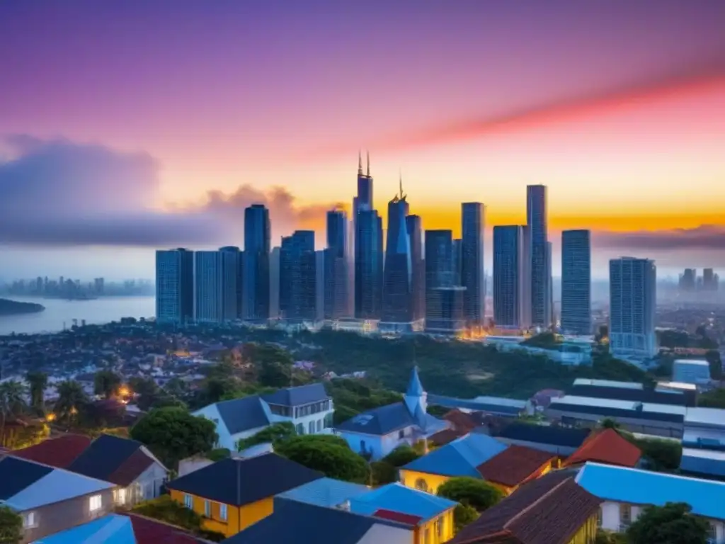 Portfolio inmobiliario diverso: horizonte moderno al atardecer Un diverso portafolio inmobiliario en una moderna ciudad al atardecer, ideal para estrategias diversificación cartera bienes raíces