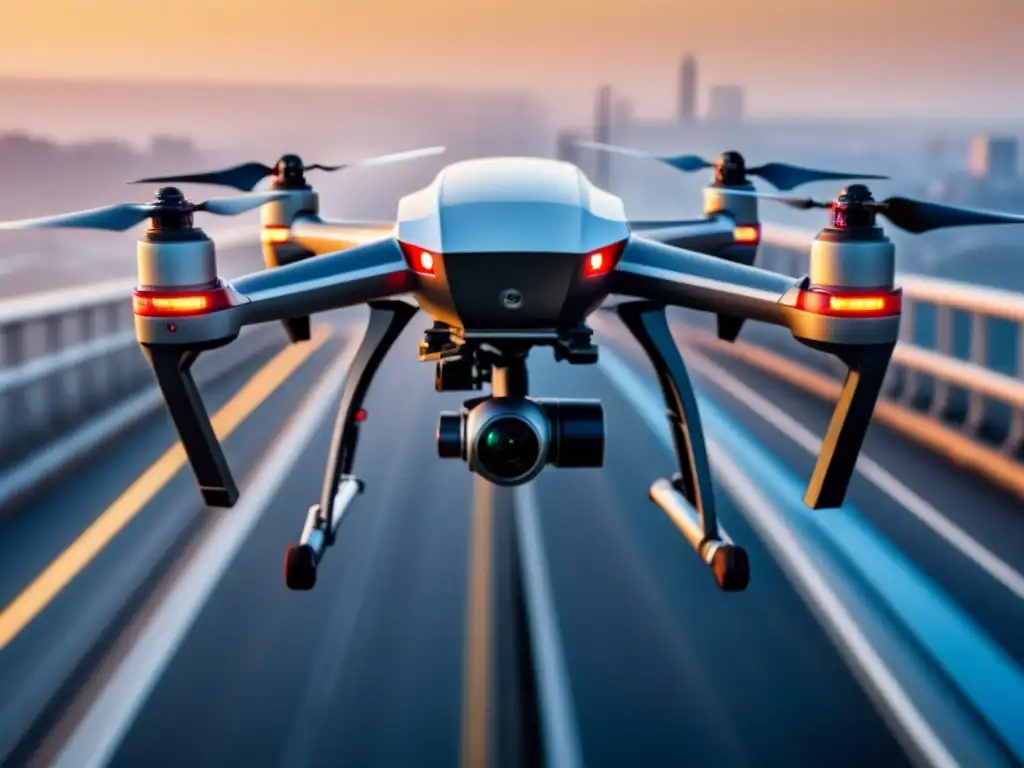 Dron de alta tecnología inspecciona puente Un dron de alta tecnología inspecciona detalladamente un puente, resaltando la importancia de la tecnología en la preservación de infraestructuras