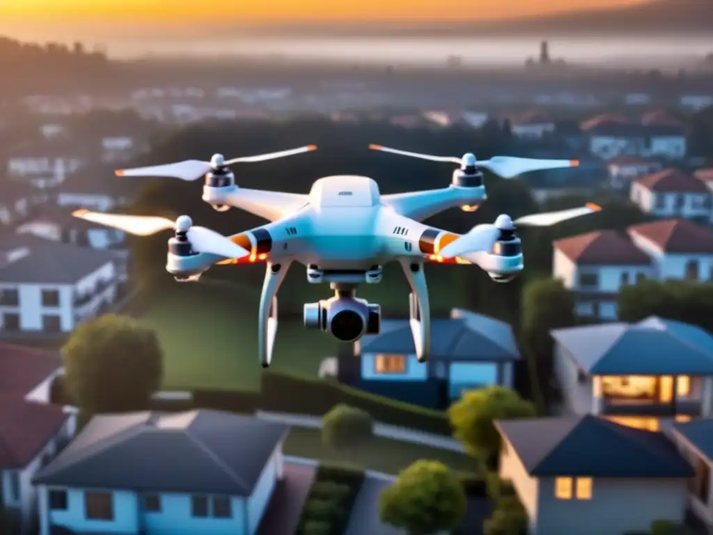 Drone de alta tecnología sobre área residencial al atardecer Un dron de diseño moderno sobrevolando una lujosa zona residencial al atardecer, destacando los beneficios de los drones en el mercado inmobiliario