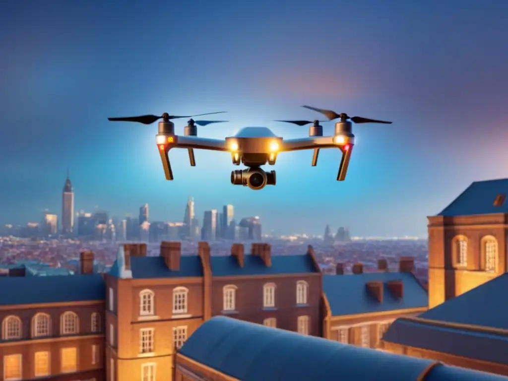 Drone futurista capturando datos para restauración de edificio histórico Un dron futurista capturando datos de un edificio histórico para evaluación y restauración