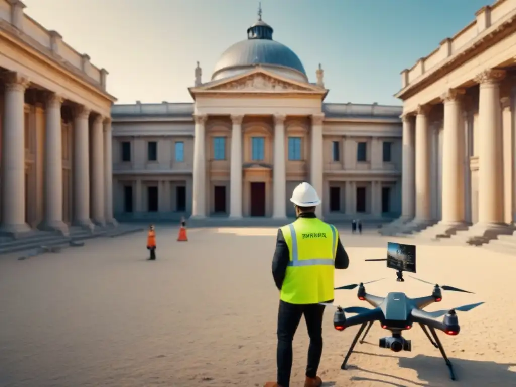 Drone futurista restaurando edificio histórico: innovación en acción Un dron futurista captura detalles arquitectónicos de un edificio histórico en restauración