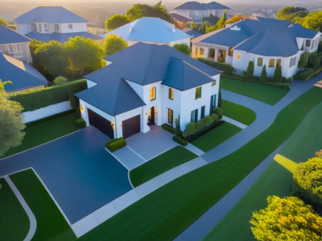 Un dron moderno captura con elegancia una vecindad residencial al atardecer