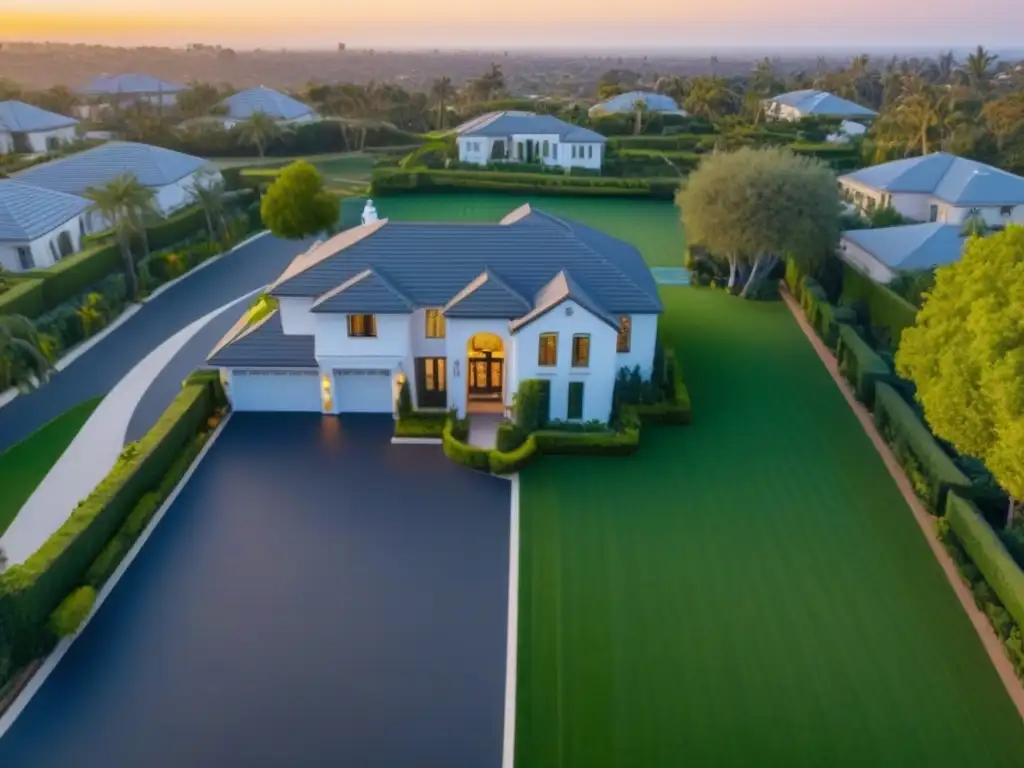 Un dron moderno sobrevolando elegantemente una lujosa propiedad residencial al atardecer