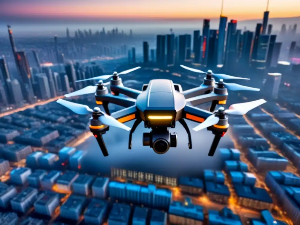 Drone futurista en acción sobre ciudad moderna Un drone futurista capturando datos en una ciudad moderna