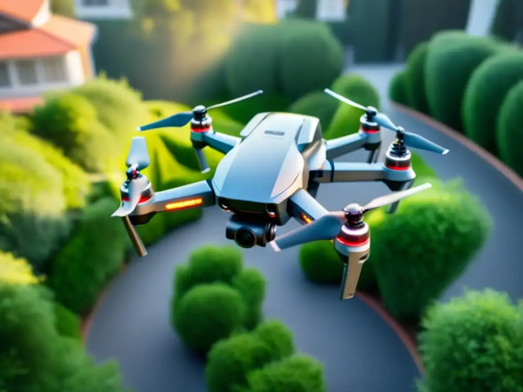 Drone futurista en propiedad de lujo: innovación inmobiliaria Drone futurista sobrevolando propiedad de lujo