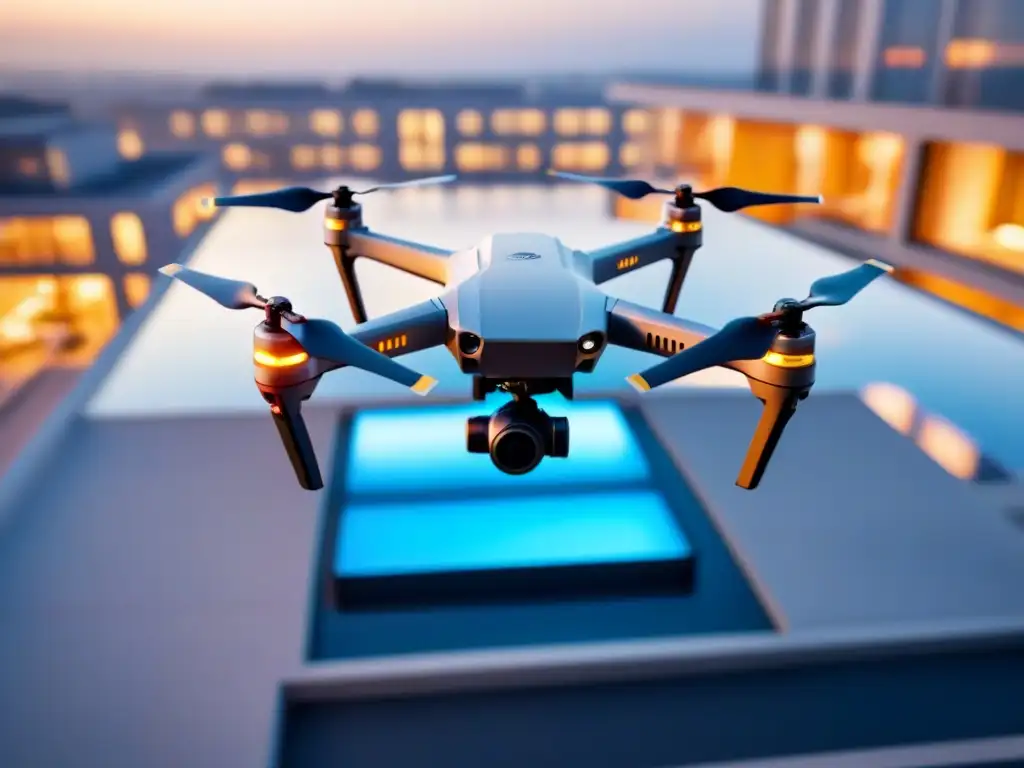 Dron futurista sobre plano arquitectónico detallado Un drone futurista con sensores avanzados planea sobre un plano arquitectónico detallado de un edificio moderno