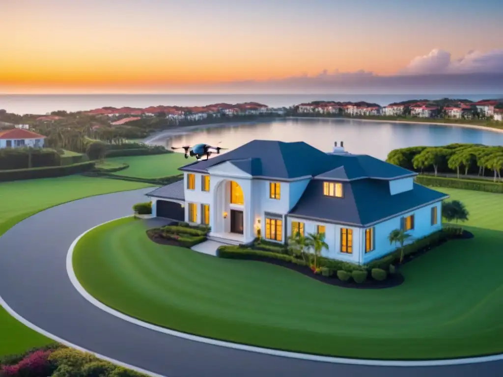 Drone de alta tecnología capturando propiedad de lujo al atardecer Drone moderno capturando beneficios en el mercado inmobiliario con atardecer espectacular