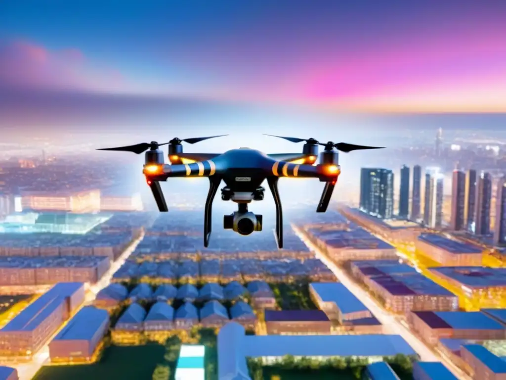 Drone LIDAR capturando datos 3D en ciudad moderna Un drone con tecnología LIDAR sobrevuela una ciudad moderna, capturando datos 3D detallados