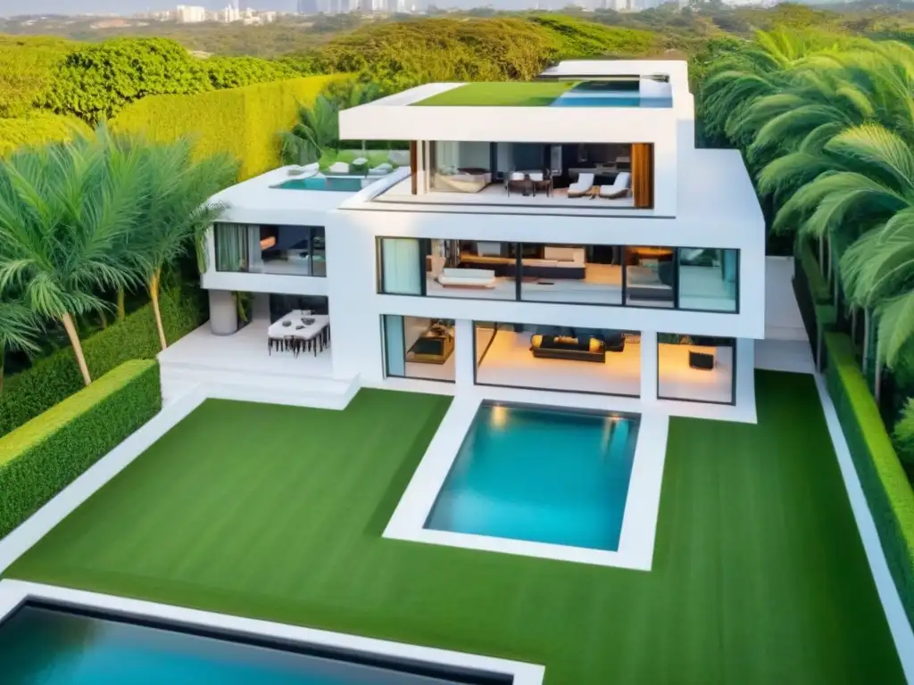 Residencia de lujo: modernidad y elegancia en entorno verde Drones fotografía inmobiliaria impacto: Mansión moderna rodeada de vegetación, piscina y jardín cuidado desde vista aérea