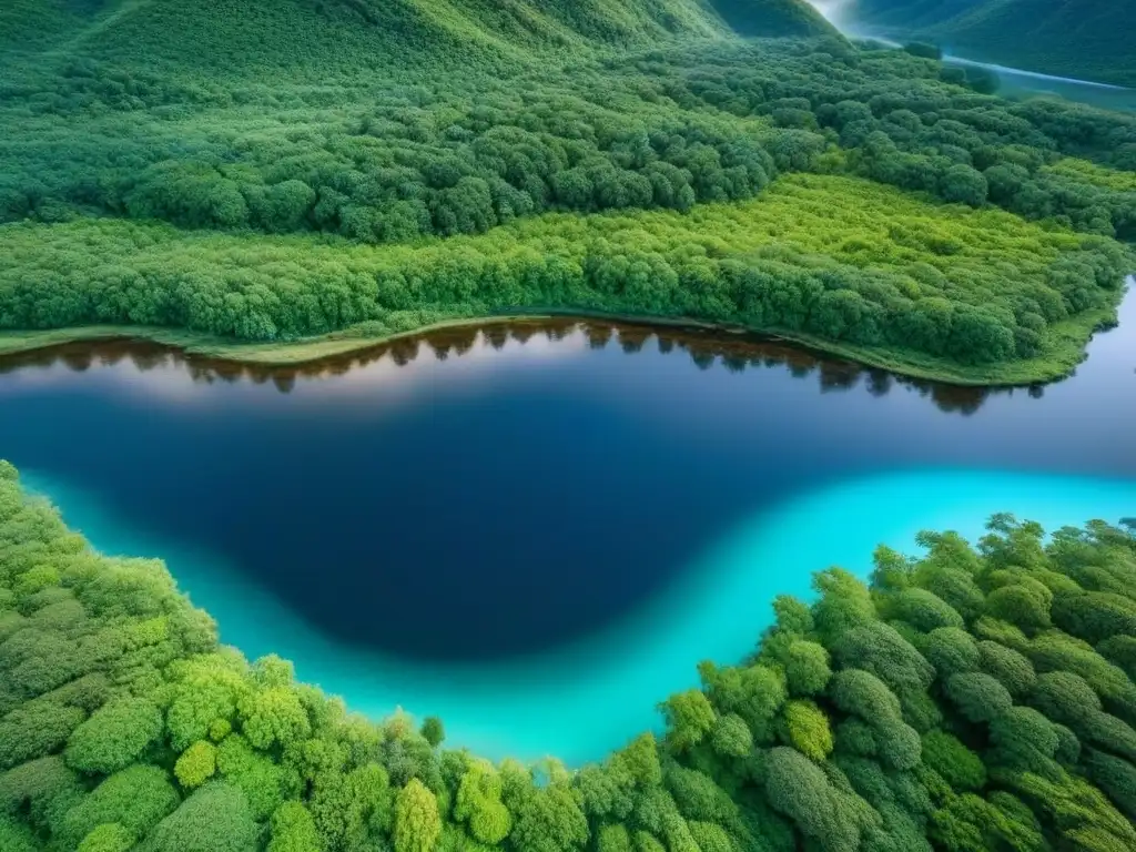 Maravilloso ecosistema lleno de vida y color Un ecosistema exuberante y diverso con río, bosques verdes y vida silvestre colorida bajo cielo azul