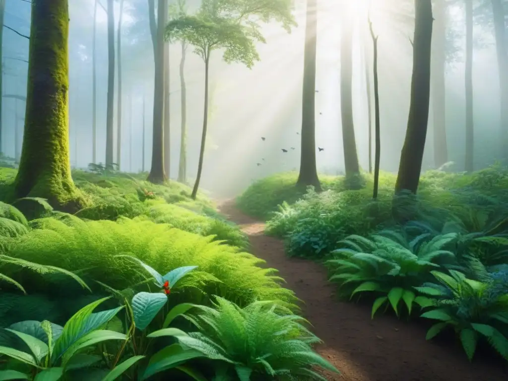 Bosque exuberante: biodiversidad en armonía Un ecosistema vibrante y detallado en armonía, mostrando diversidad de especies en restauración ecológica