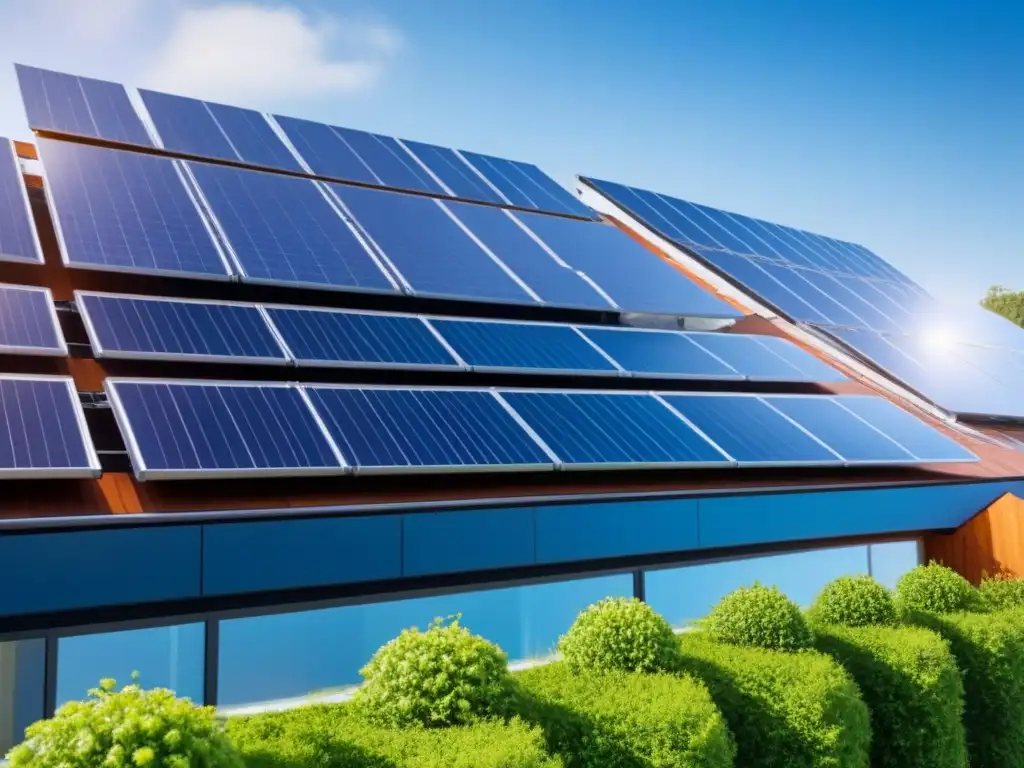 Complejo futurista: edificio energético con paneles solares y naturaleza Edificaciones futuristas con estrategias de eficiencia energética: paneles solares, vegetación y arquitectura sostenible en armonía con la naturaleza