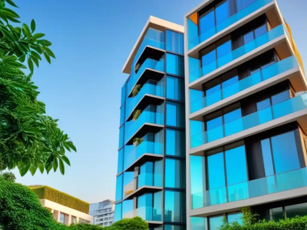 Edificio moderno de lujo en la ciudad Edificio de apartamentos de lujo con amenidades y vegetación, reflejando la ciudad