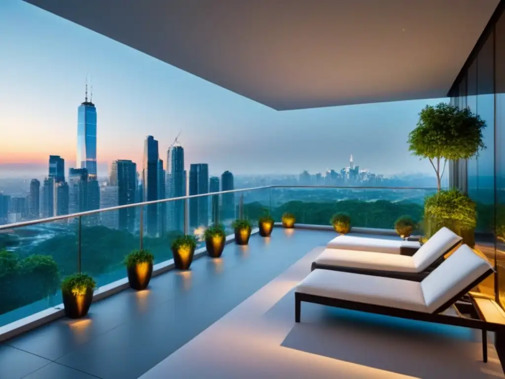 Elegante torre de apartamentos con vista panorámica en la ciudad Un edificio de apartamentos de lujo con diseño arquitectónico elegante, amplias ventanas de vidrio y una terraza en la azotea con vista a la ciudad