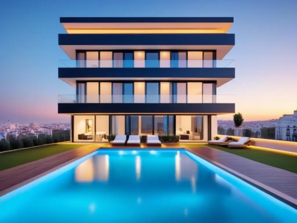 Rascacielos de lujo en Madrid: fusión de tradición y modernidad Un edificio de apartamentos de lujo y elegante en Madrid, con ventanales de piso a techo que reflejan la ciudad al atardecer