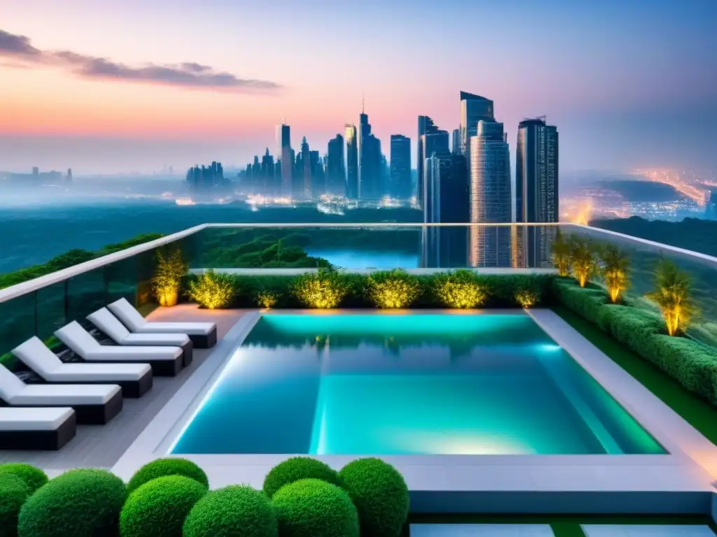 Edificio de lujo con piscina infinita en la azotea, rodeado de naturaleza y vistas urbanas al atardecer Un edificio de apartamentos de lujo en mercados emergentes con vistas a la ciudad al atardecer y rodeado de vegetación exuberante