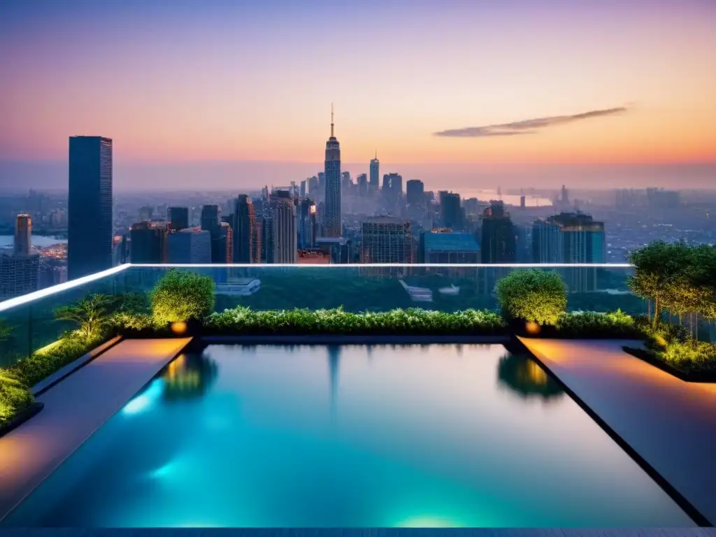 Rascacielos de lujo con piscina en la azotea en mercado emergente Edificio de apartamentos de lujo en mercados emergentes con piscina infinita en la azotea y vistas a la ciudad al atardecer