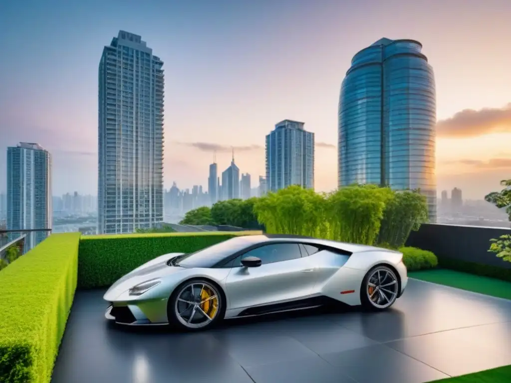 Edificio de lujo al atardecer: éxito en inversiones inmobiliarias Un edificio de apartamentos de lujo y moderno al atardecer, rodeado de vegetación exuberante y autos de lujo en la entrada