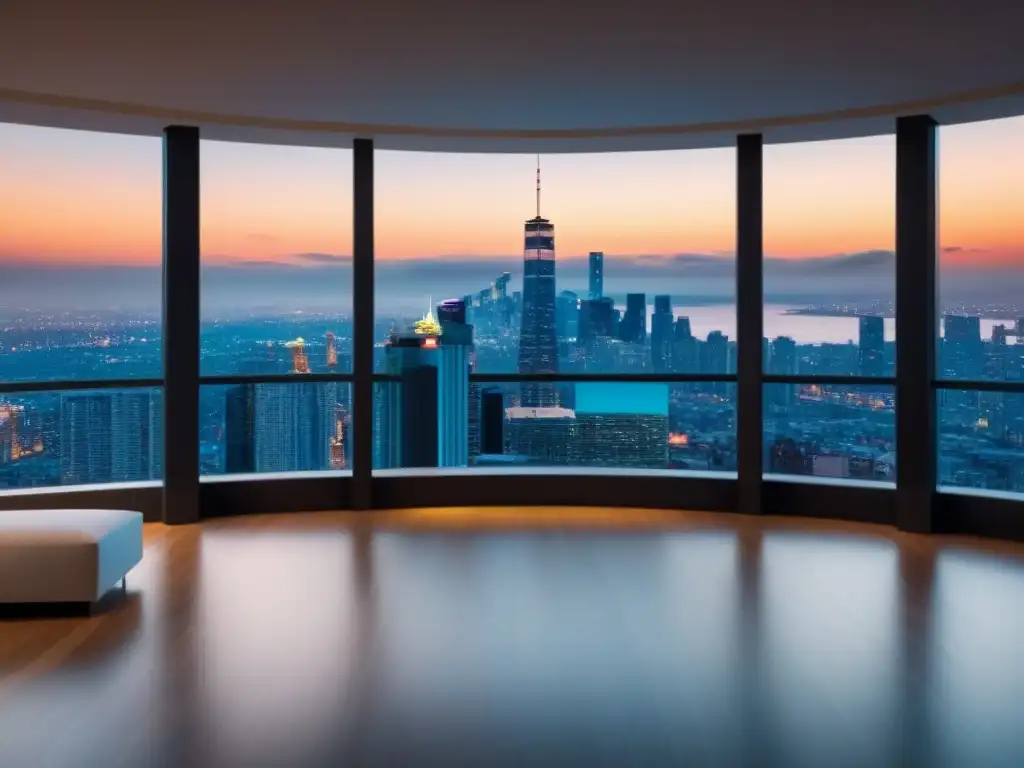 Edificio de lujo con vista panorámica al atardecer Edificio de apartamentos de lujo con vista panorámica de la ciudad al atardecer, ideal para estrategias de salida inversor inmobiliario