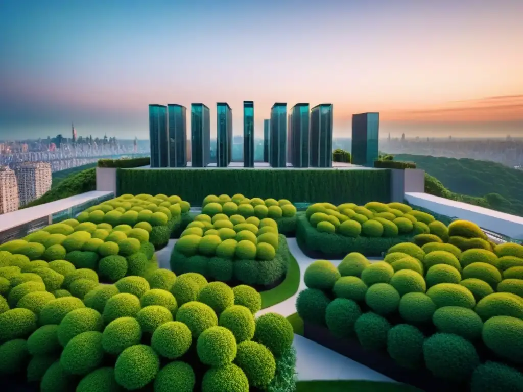Edificio de lujo al atardecer: sofisticación urbana y naturaleza Edificio de apartamentos moderno de lujo al atardecer con diseño elegante y terraza en la azotea, rodeado de vegetación