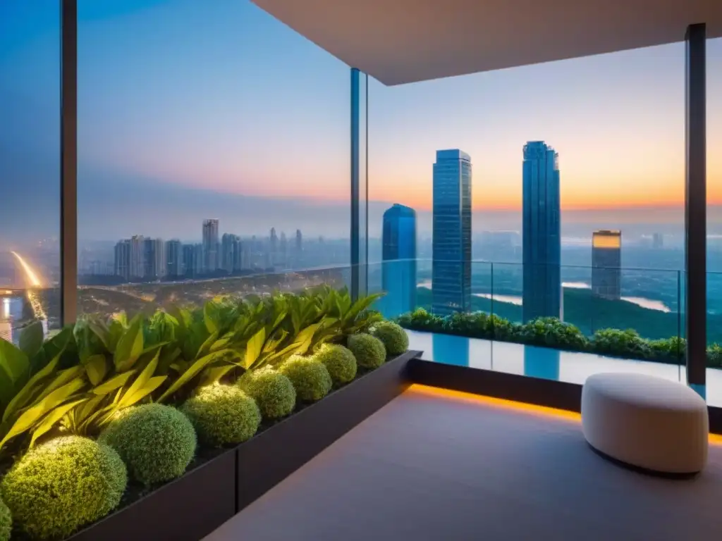 Edificio de lujo en ciudad vibrante al atardecer Un edificio de apartamentos moderno de lujo con vistas a la ciudad al atardecer, rodeado de vegetación exuberante