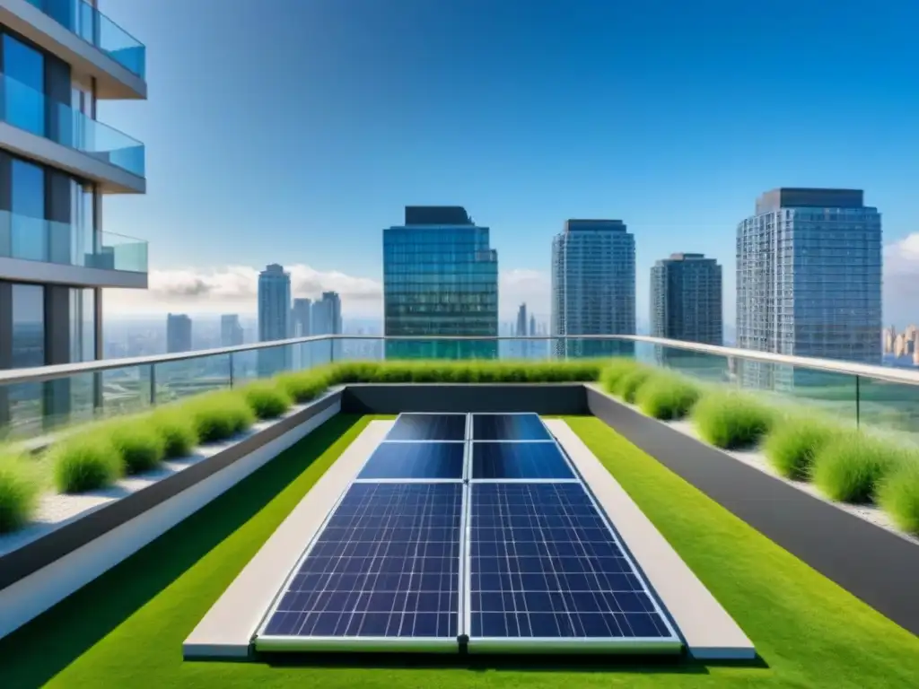 Edificio moderno de lujo con jardines verdes en la azotea y certificación LEED Edificio de apartamentos moderno de lujo con jardines verdes en la azotea y paneles solares, certificación LEED, rodeado de una bulliciosa ciudad