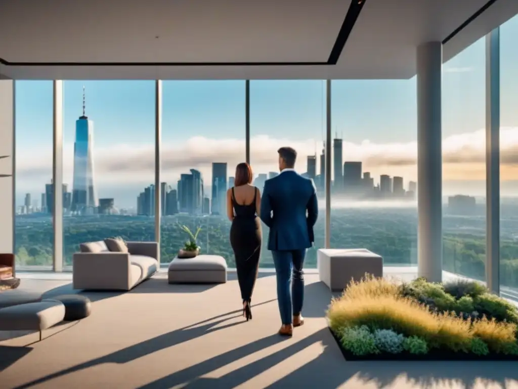 Edificio de lujo con vistas a la ciudad: moderno y sofisticado Un edificio de apartamentos moderno y lujoso con ventanales de piso a techo, mostrando una deslumbrante vista de la ciudad