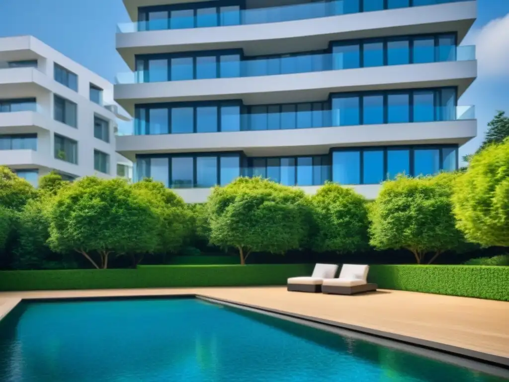 Edificio de lujo con diseño moderno y piscina brillante Edificio de apartamentos moderno y lujoso con ventanas de piso a techo, rodeado de árboles verdes y una piscina reluciente