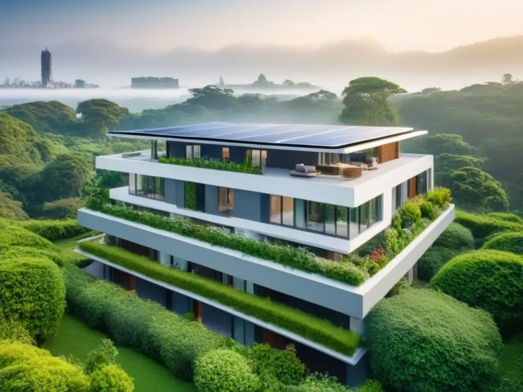 Edificio moderno y lujoso en ciudad sostenible Un edificio de apartamentos moderno y lujoso rodeado de vegetación exuberante, con paneles solares en el techo y un diseño elegante y ecológico