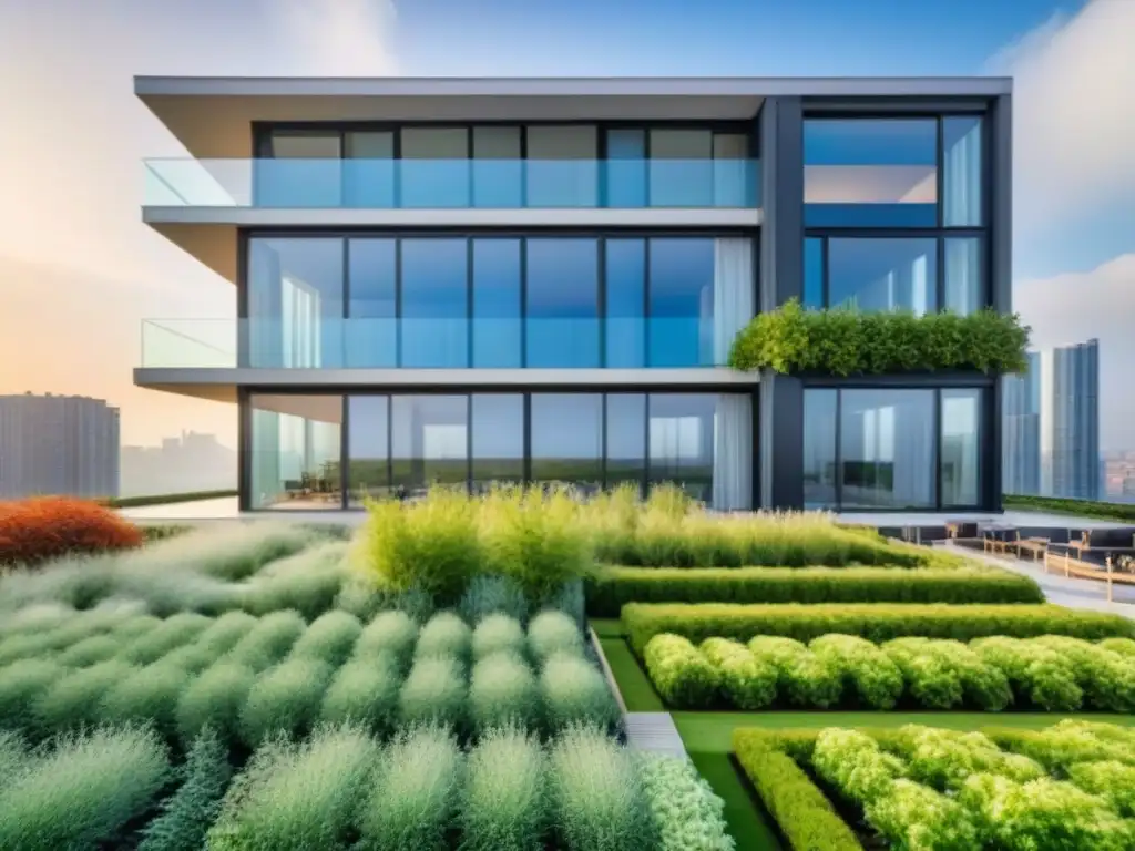 Edificio de apartamentos eco-lujosos: diseño sostenible y sofisticado Un edificio de apartamentos moderno y lujoso con ventanas de piso a techo, jardines en la azotea y paneles solares brillando bajo la luz del sol