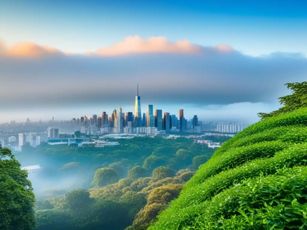 Edificio de lujo con jardín en la azotea: inversión inmobiliaria exitosa Un edificio de apartamentos moderno y lujoso con jardín en la azotea, rodeado de vegetación exuberante y paisaje urbano vibrante