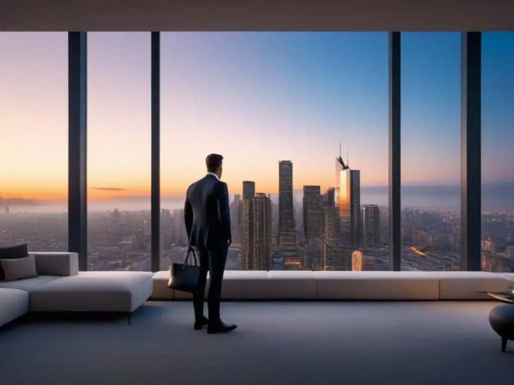 Edificio de lujo con ventanales y skyline al atardecer Edificio de apartamentos moderno con ventanales reflejando el atardecer en la ciudad, simbolizando inversiones inmobiliarias en periodos de inflación