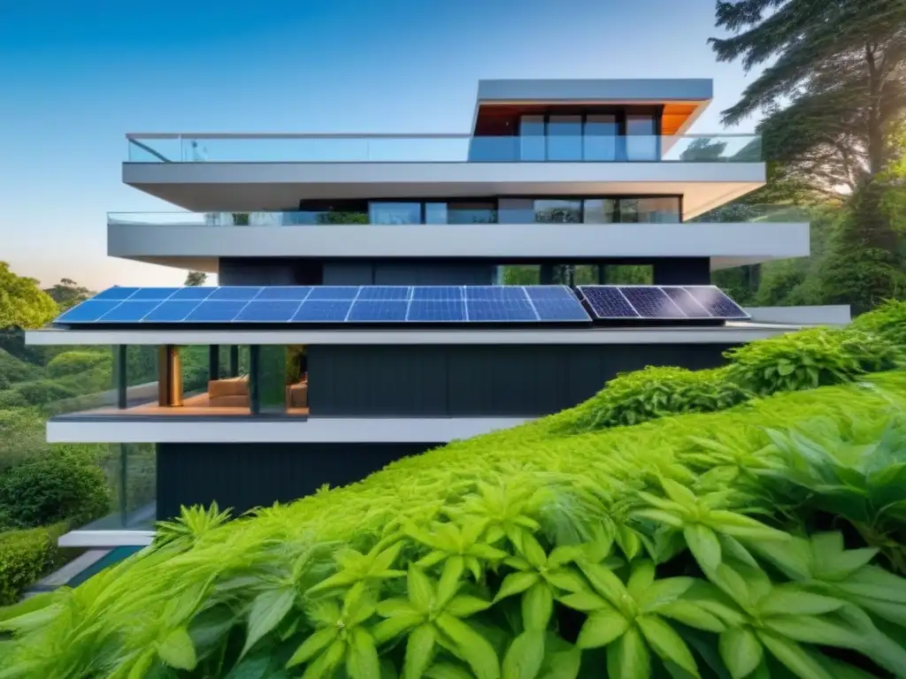Edificio eco-sostenible con paneles solares en armonía con la naturaleza Edificio certificado LEED Platinum con paneles solares integrados, rodeado de vegetación y cielo azul