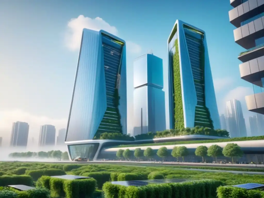 Edificio comercial futurista en 8k: diseño innovador y sostenible Edificio comercial futurista con arquitectura metálica y vegetación, reflejando las tendencias espacios comerciales próxima década