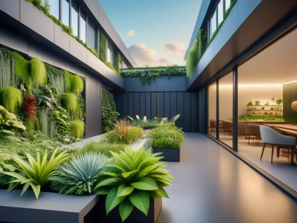 Edificio comercial futurista con espacios verdes integrados Un edificio comercial futurista rodeado de exuberante vegetación, mostrando la armonía entre lo urbano y lo natural