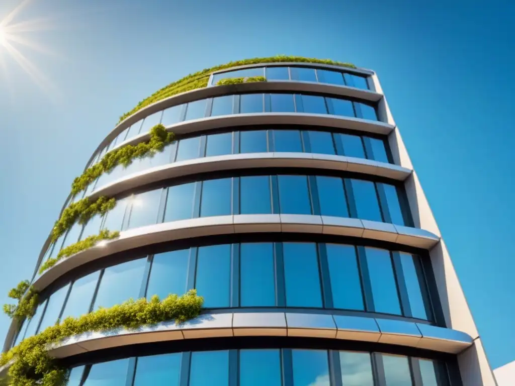 Edificio comercial sostenible: diseño futurista con vegetación integrada Edificio comercial futurista sostenible con diseño ecológico y jardín en azotea