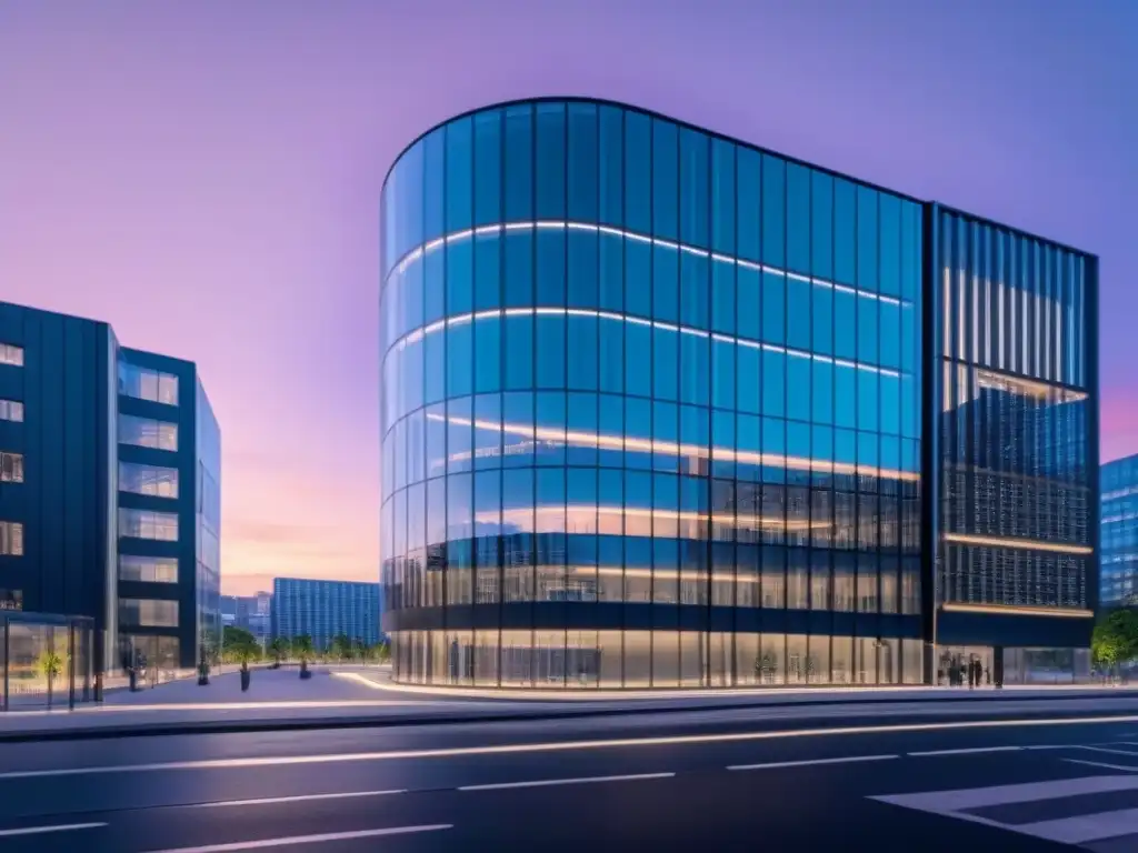 Edificio futurista con tecnología de seguridad avanzada Un edificio comercial futurista con tecnología de seguridad avanzada y fachada digital, evocando innovación y eficiencia