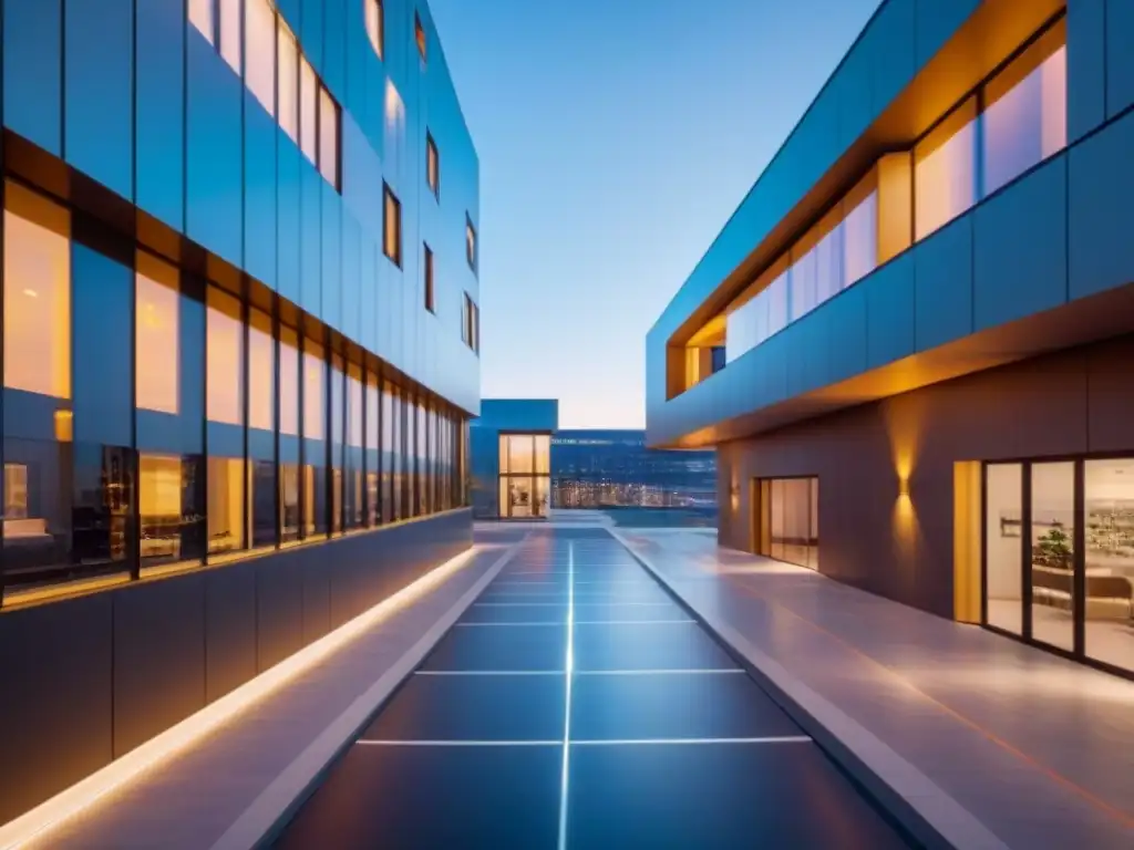 Propiedad comercial futurista con tecnología de vanguardia Un edificio comercial futurista con tecnología de seguridad automatizada y diseño energéticamente eficiente, integrando interfaces digitales avanzadas