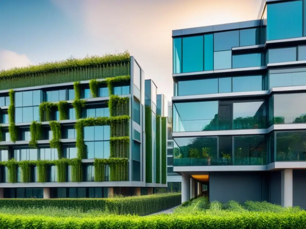 Edificio comercial futurista con tecnologías verdes innovadoras Edificio comercial futurista con tecnologías verdes, paneles solares y jardines verticales, en un parque urbano