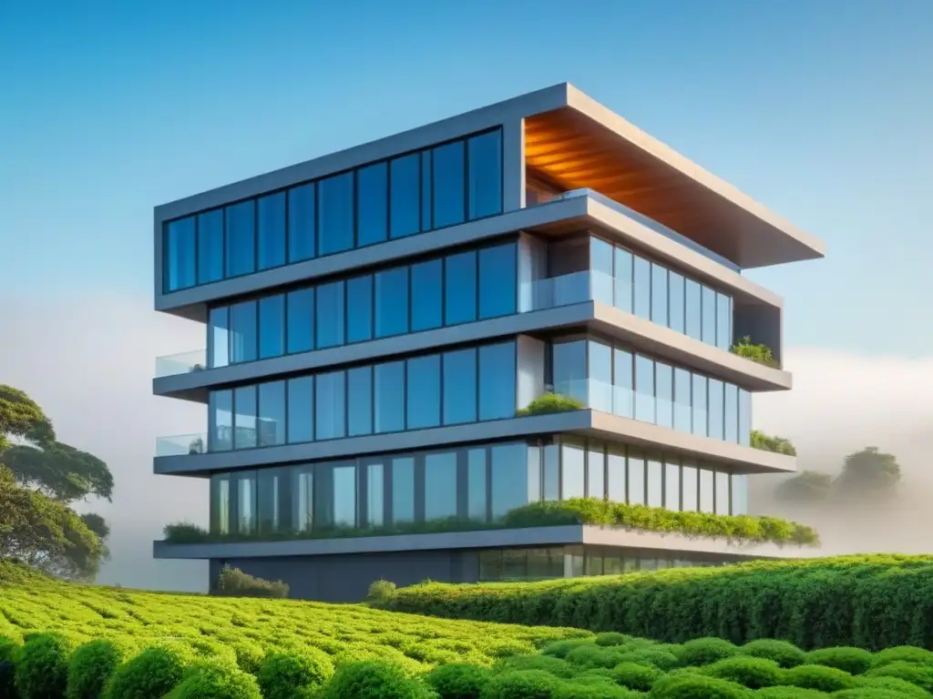 Edificio comercial futurista sostenible en entorno verde Edificio comercial futurista con tecnologías sostenibles y profesionales colaborando, en un entorno verde