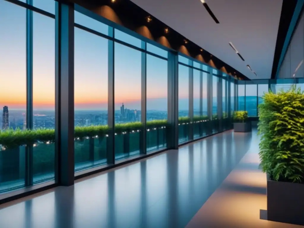 Edificio comercial moderno: fusión de naturaleza y arquitectura Edificio comercial moderno con diseño arquitectónico único, reflejando la ciudad al atardecer