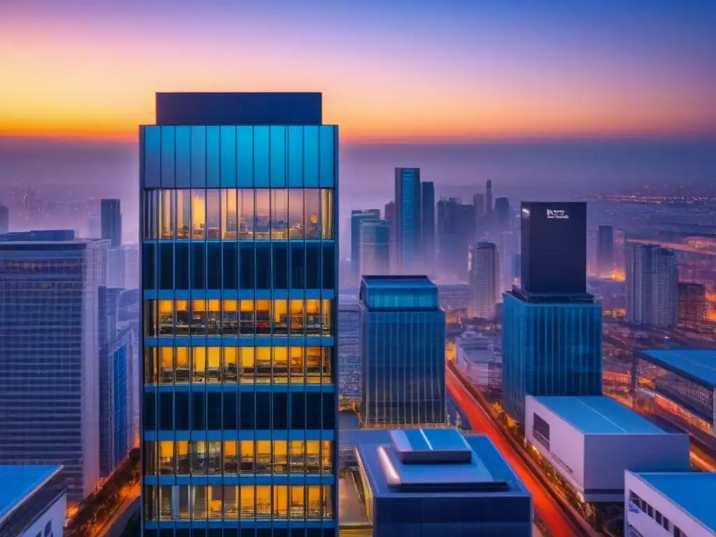 Edificio comercial moderno al atardecer con logo de aseguradora Edificio comercial moderno al atardecer, reflejando seguridad y prosperidad con logo de seguros propiedades comerciales inversión integrado sutilmente