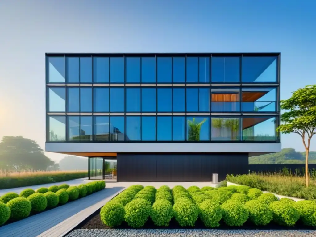 Edificio comercial moderno con jardín verde y certificación BREEAM Edificio comercial moderno con jardín en la azotea, paneles solares y placa de Certificación BREEAM, rodeado de naturaleza y cielos azules