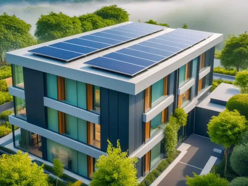 Edificio comercial sostenible con certificaciones LEED y BREEAM Un edificio comercial moderno con certificaciones LEED BREEAM en entrada, rodeado de naturaleza