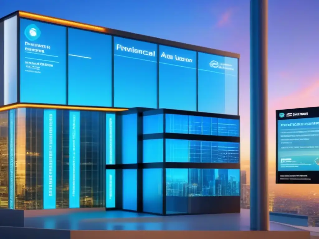 Edificio comercial digital: innovación y protección asegurada Edificio comercial moderno con pantalla digital de seguros propiedades comerciales importancia y elementos tecnológicos futuristas