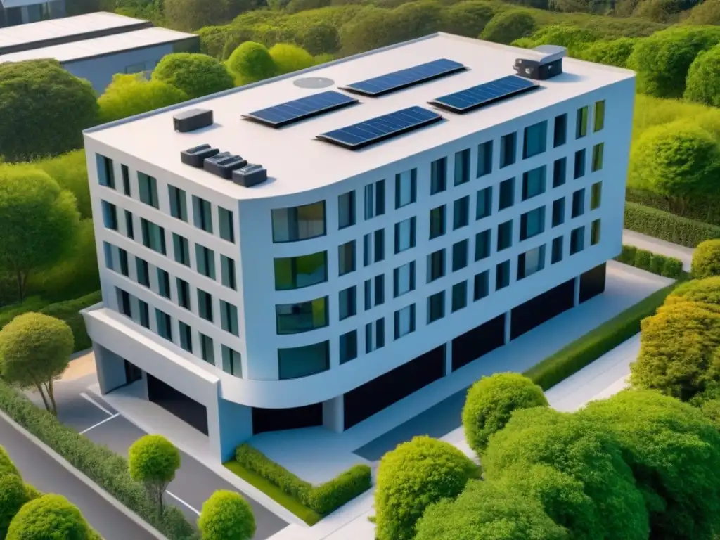 Propiedad comercial moderna con sistema de seguridad avanzado Un edificio comercial moderno rodeado de vegetación exuberante, con un sistema de seguridad sofisticado