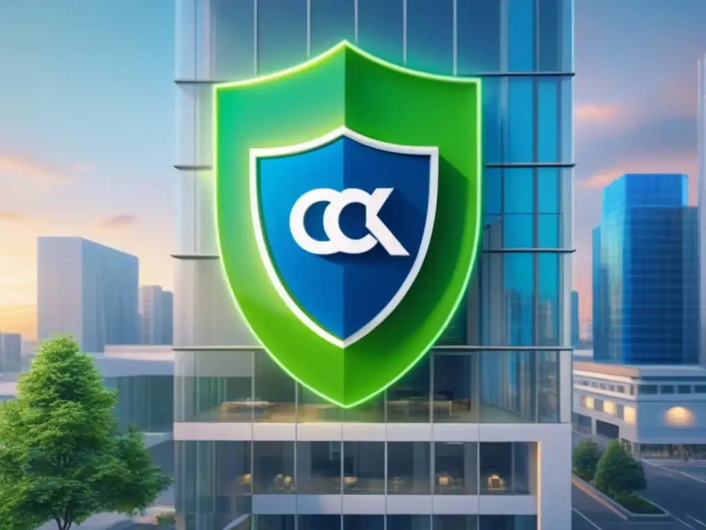 Edificio comercial protegido: seguro y próspero Un edificio comercial moderno rodeado de un escudo protector, simbolizando la importancia de un buen seguro
