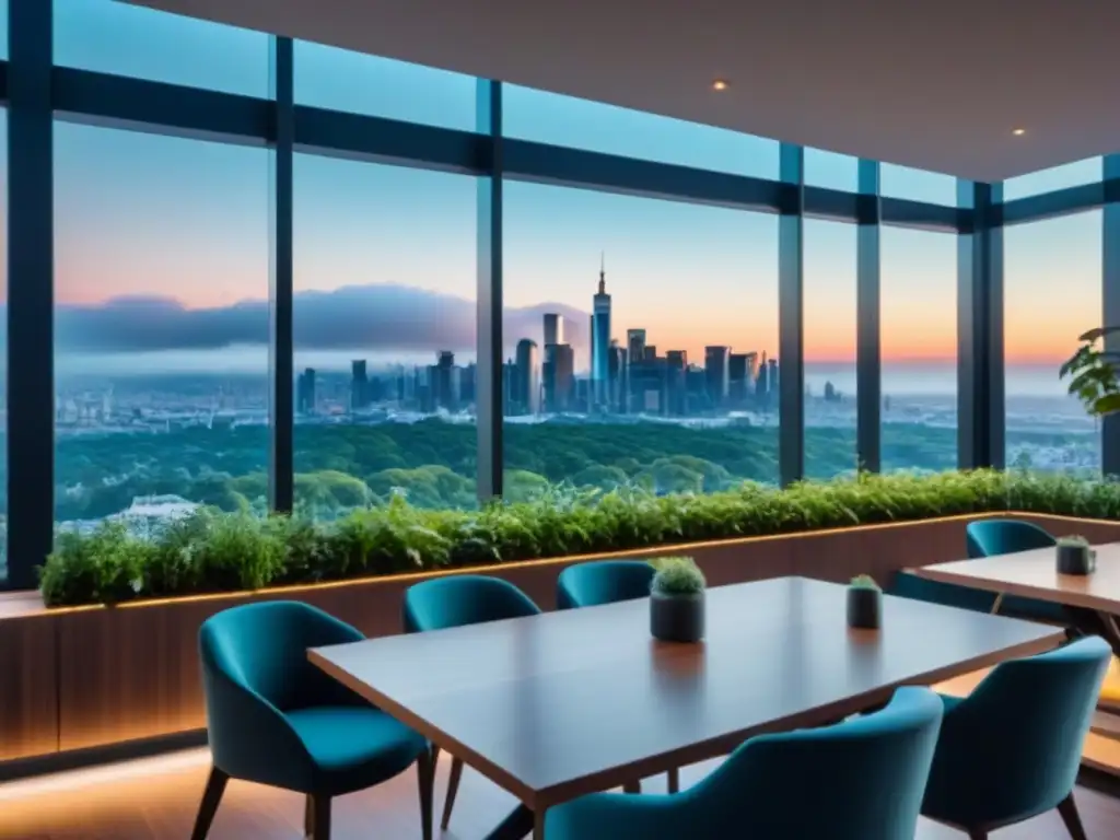 Edificio comercial moderno en ciudad vibrante: escena 8k detallada Edificio comercial moderno con ventanales grandes reflejando la ciudad, rodeado de vegetación y una animada cafetería al aire libre, simbolizando la continuidad de los negocios