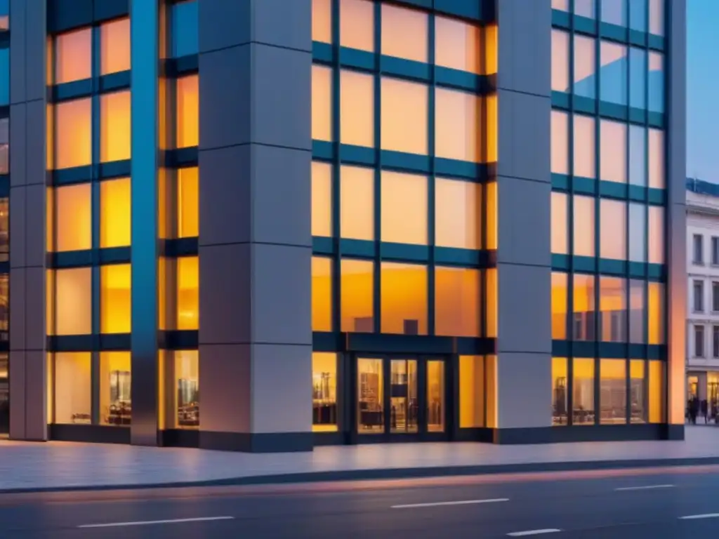 Edificio comercial moderno en ciudad vibrante al atardecer Edificio comercial moderno con ventanales de cristal reflejando la ciudad al anochecer