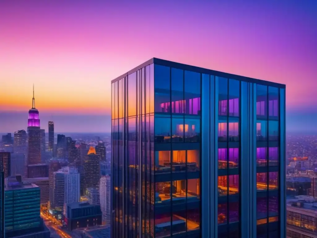 Edificio comercial moderno en atardecer vibrante Edificio comercial moderno con ventanas de cristal reflejando la ciudad al atardecer, ideal para seguros propiedades comerciales inversión